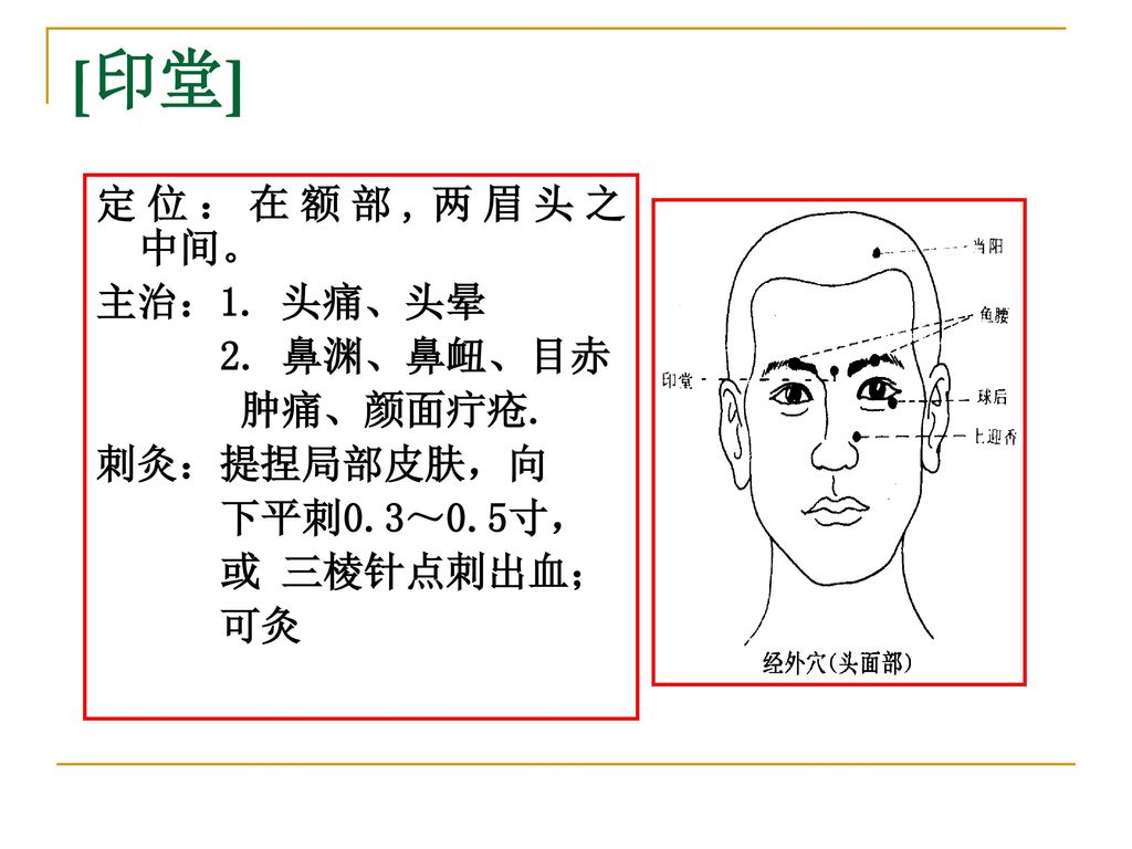 [印堂] 定位：在额部,两眉头之 中间。 主治：1. 头痛、头晕 2. 鼻渊、鼻衄、目赤 肿痛、颜面疔疮. 刺灸：提捏局部皮肤，向