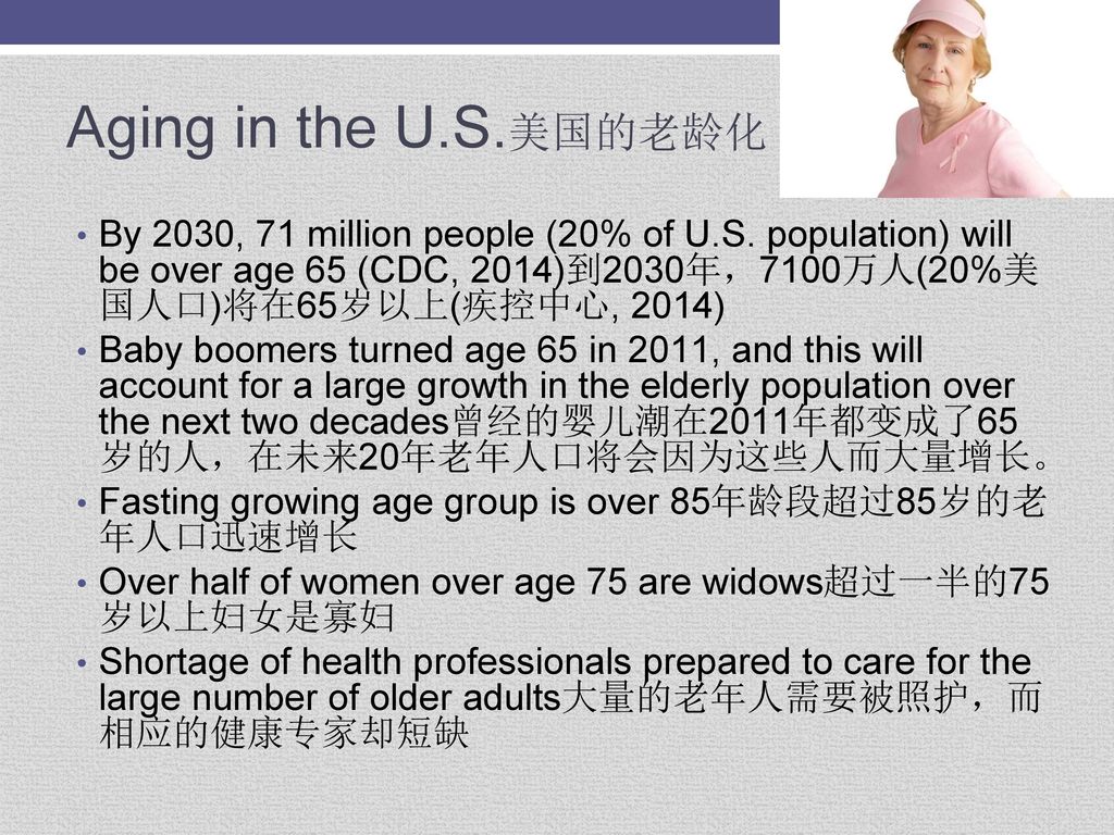 Aging in the U.S.美国的老龄化 By 2030, 71 million people (20% of U.S. population) will be over age 65 (CDC, 2014)到2030年，7100万人(20%美国人口)将在65岁以上(疾控中心, 2014)