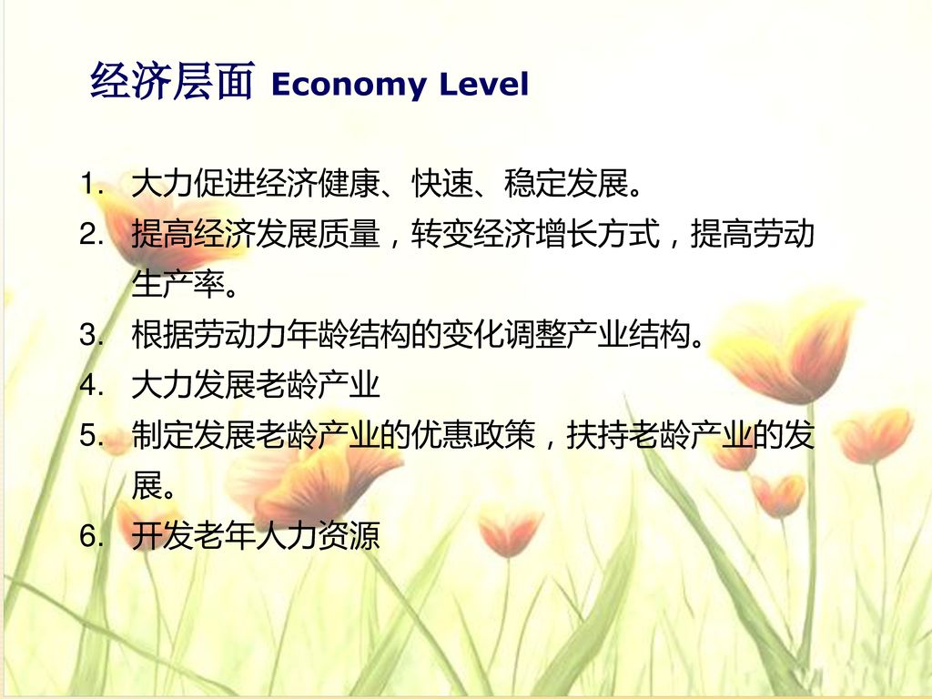 经济层面 Economy Level 大力促进经济健康、快速、稳定发展。 提高经济发展质量，转变经济增长方式，提高劳动生产率。