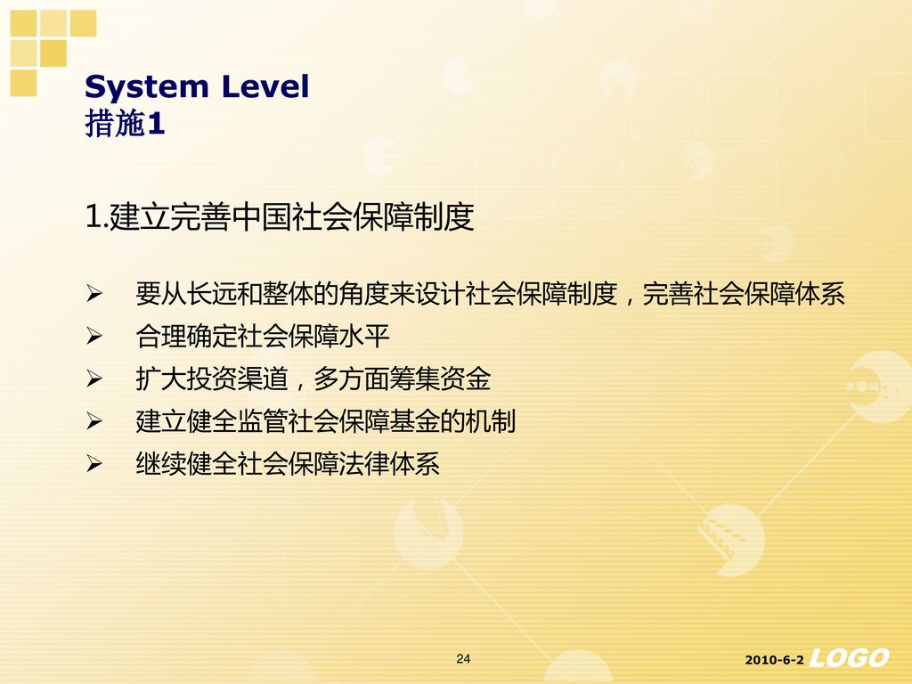 System Level 措施1 1.建立完善中国社会保障制度 要从长远和整体的角度来设计社会保障制度，完善社会保障体系