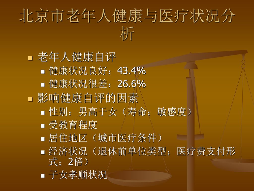 北京市老年人健康与医疗状况分析 老年人健康自评 影响健康自评的因素 健康状况良好：43.4% 健康状况很差：26.6%