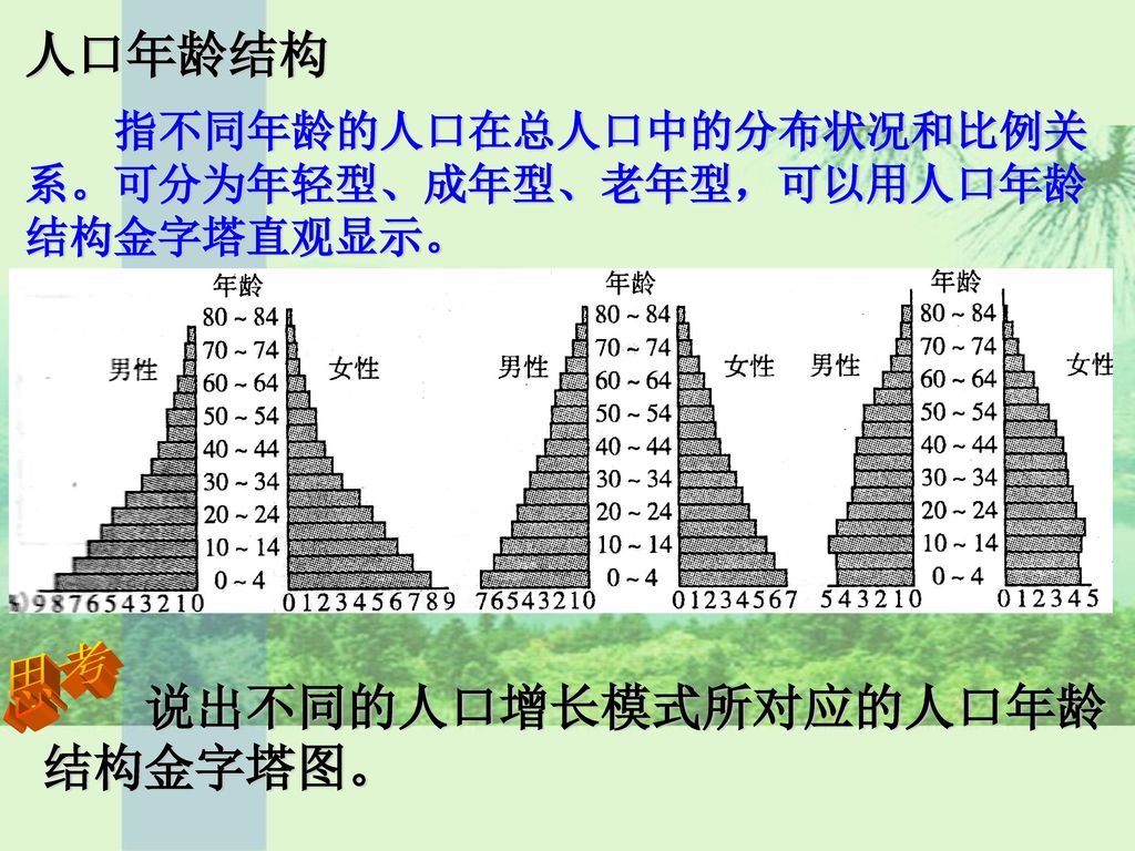 思考 人口年龄结构 说出不同的人口增长模式所对应的人口年龄结构金字塔图。