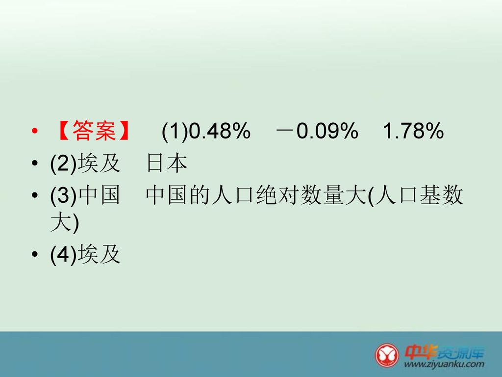 【答案】 (1)0.48% －0.09% 1.78% (2)埃及 日本 (3)中国 中国的人口绝对数量大(人口基数大) (4)埃及