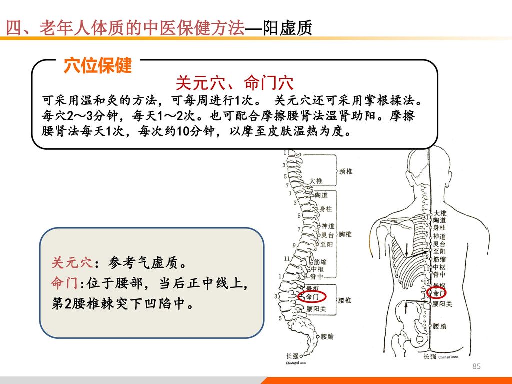 四、老年人体质的中医保健方法—阳虚质 穴位保健 关元穴、命门穴 关元穴：参考气虚质。 命门:位于腰部，当后正中线上,第2腰椎棘突下凹陷中。