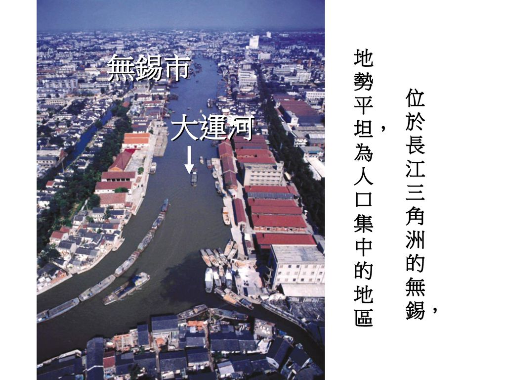 地勢平坦，為人口集中的地區 無錫市 位於長江三角洲的無錫， 大運河