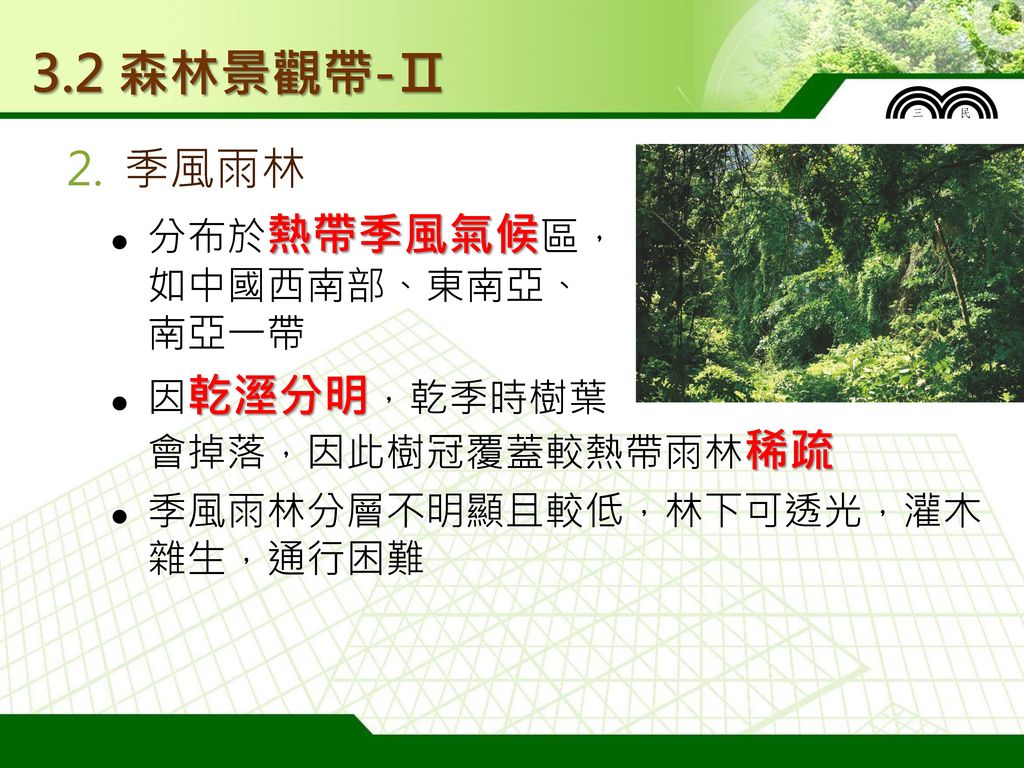 3.2 森林景觀帶-Ⅱ 季風雨林 分布於熱帶季風氣候區， 如中國西南部、東南亞、 南亞一帶