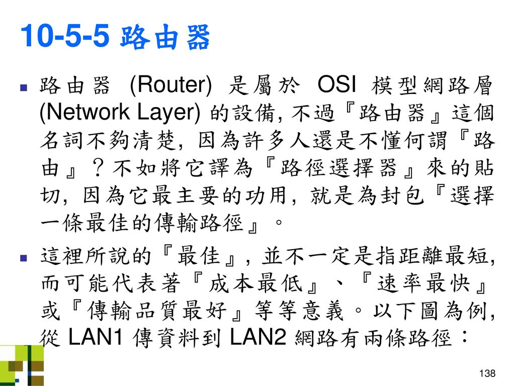 路由器 路由器 (Router) 是屬於 OSI 模型網路層 (Network Layer) 的設備, 不過『路由器』這個名詞不夠清楚, 因為許多人還是不懂何謂『路由』？不如將它譯為『路徑選擇器』來的貼切, 因為它最主要的功用, 就是為封包『選擇一條最佳的傳輸路徑』。