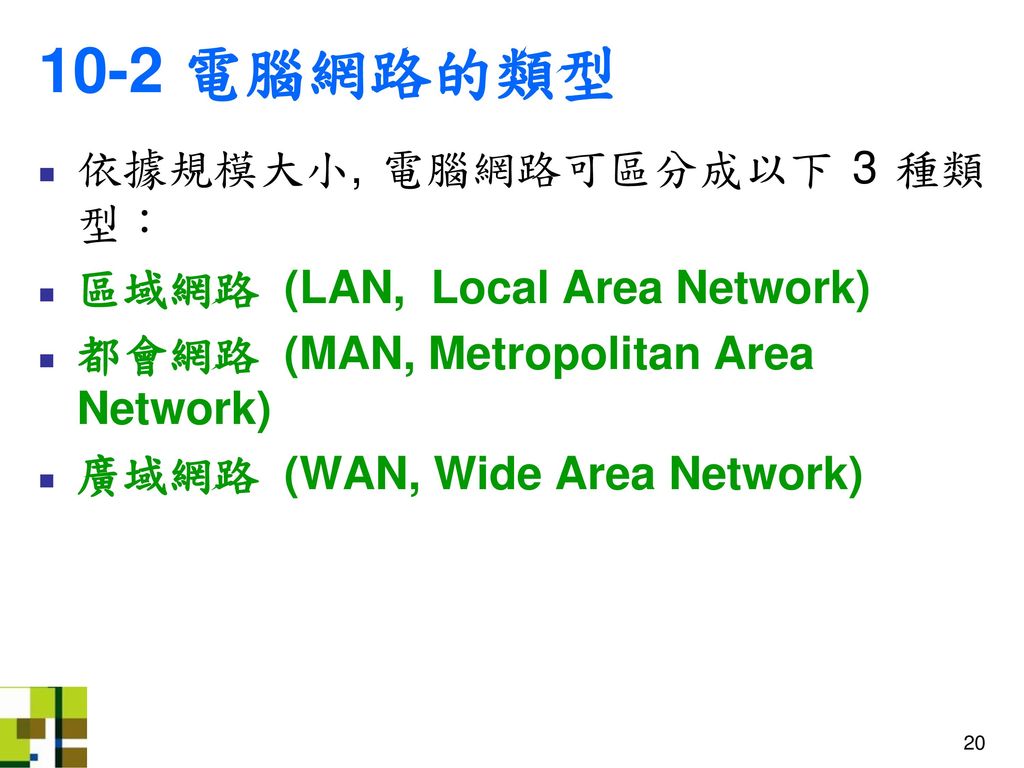 10-2 電腦網路的類型 依據規模大小, 電腦網路可區分成以下 3 種類型： 區域網路 (LAN, Local Area Network)