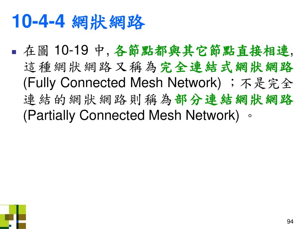 網狀網路 在圖 中, 各節點都與其它節點直接相連, 這種網狀網路又稱為完全連結式網狀網路 (Fully Connected Mesh Network) ；不是完全連結的網狀網路則稱為部分連結網狀網路 (Partially Connected Mesh Network) 。