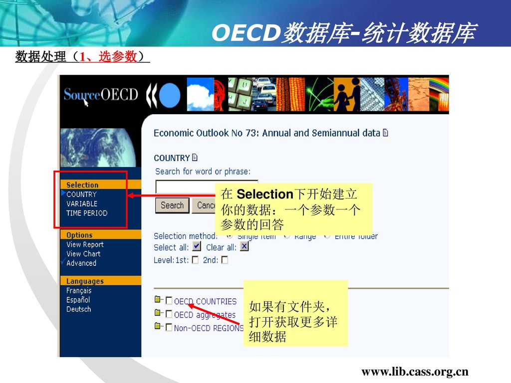 OECD数据库-统计数据库 数据处理（1、选参数） 在 Selection下开始建立你的数据：一个参数一个参数的回答