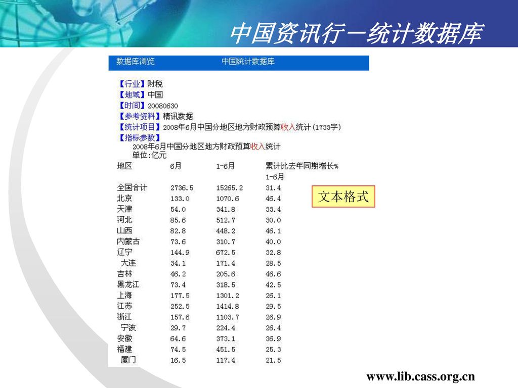 中国资讯行－统计数据库 文本格式