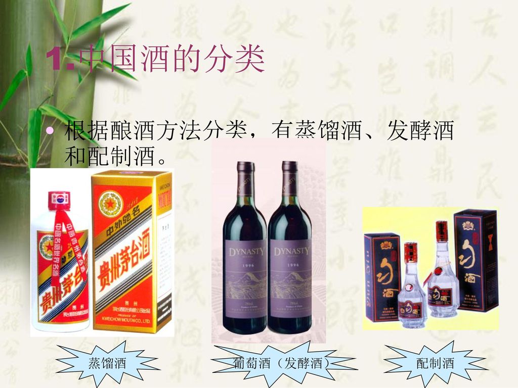 1.中国酒的分类 根据酿酒方法分类，有蒸馏酒、发酵酒和配制酒。 蒸馏酒 葡萄酒（发酵酒） 配制酒