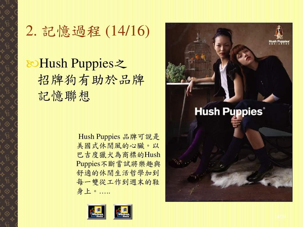 2. 記憶過程 (14/16) Hush Puppies之 招牌狗有助於品牌 記憶聯想
