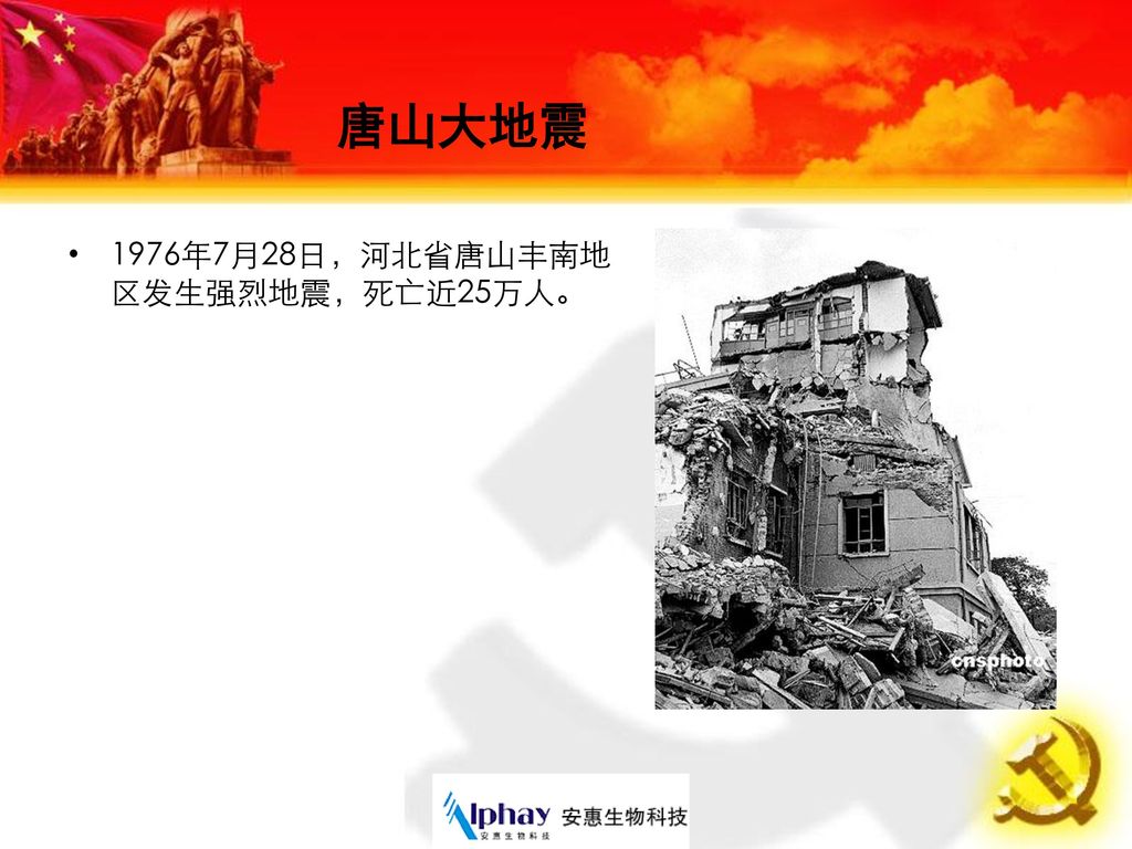 唐山大地震 1976年7月28日，河北省唐山丰南地区发生强烈地震，死亡近25万人。