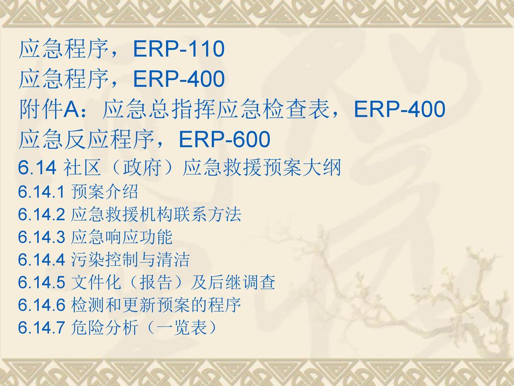 应急程序，ERP-110 应急程序，ERP-400 附件A：应急总指挥应急检查表，ERP-400 应急反应程序，ERP-600