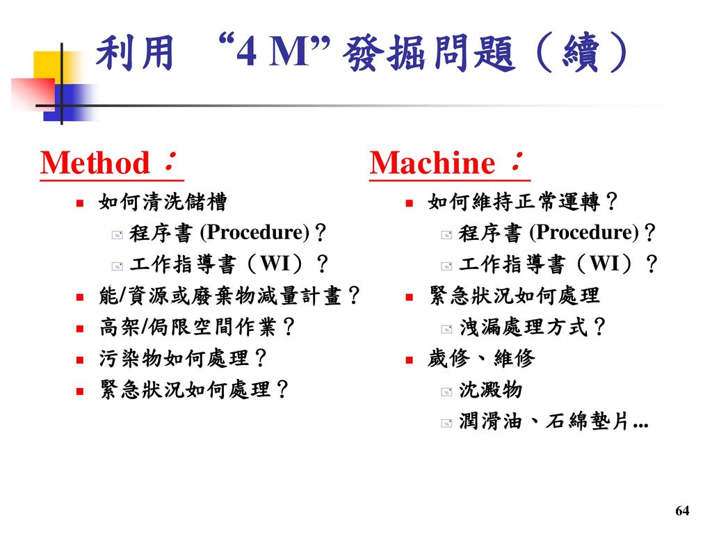 利用 4 M 發掘問題（續） Method： Machine： 如何清洗儲槽 程序書 (Procedure)？ 工作指導書（WI）？