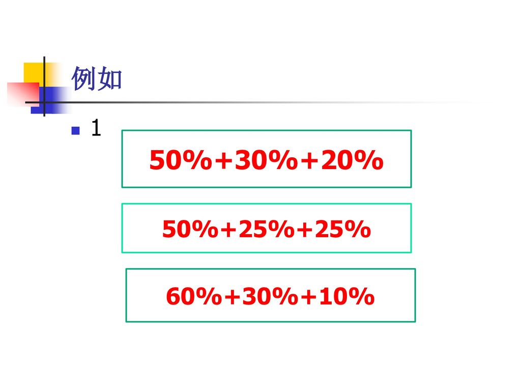 例如 1 50%+30%+20% 50%+25%+25% 60%+30%+10%