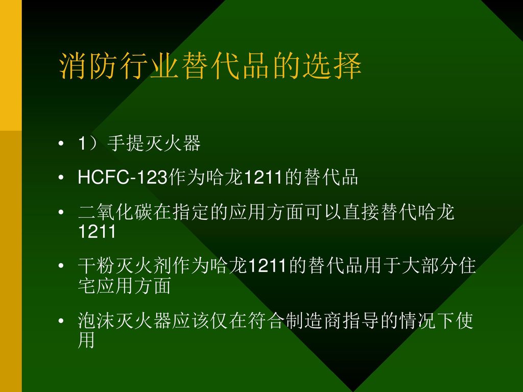 消防行业替代品的选择 1）手提灭火器 HCFC-123作为哈龙1211的替代品 二氧化碳在指定的应用方面可以直接替代哈龙 1211