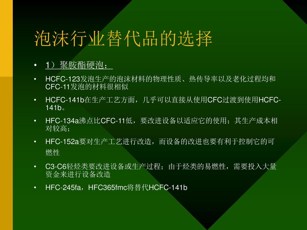泡沫行业替代品的选择 1）聚胺酯硬泡： HCFC-123发泡生产的泡沫材料的物理性质、热传导率以及老化过程均和 CFC-11发泡的材料很相似