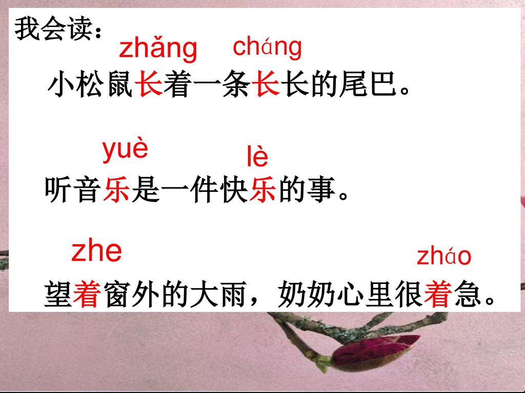 小松鼠长着一条长长的尾巴。 zhe zhǎng 听音乐是一件快乐的事。 yuè 望着窗外的大雨，奶奶心里很着急。 lè 我会读： cháng