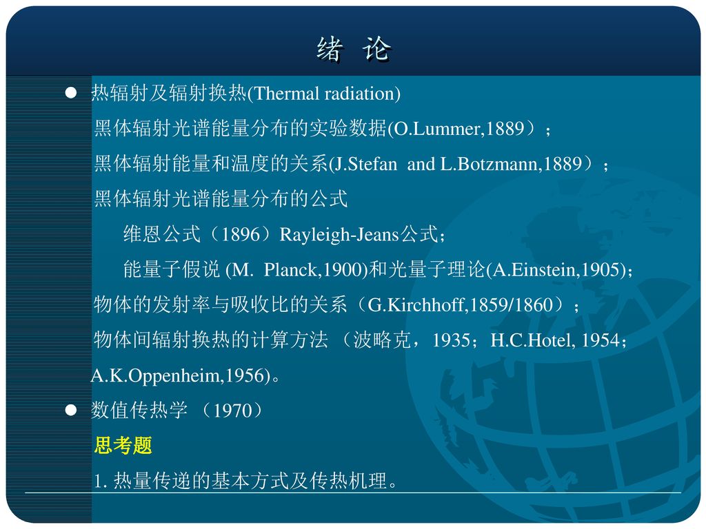 绪 论 热辐射及辐射换热(Thermal radiation) 黑体辐射光谱能量分布的实验数据(O.Lummer,1889）；