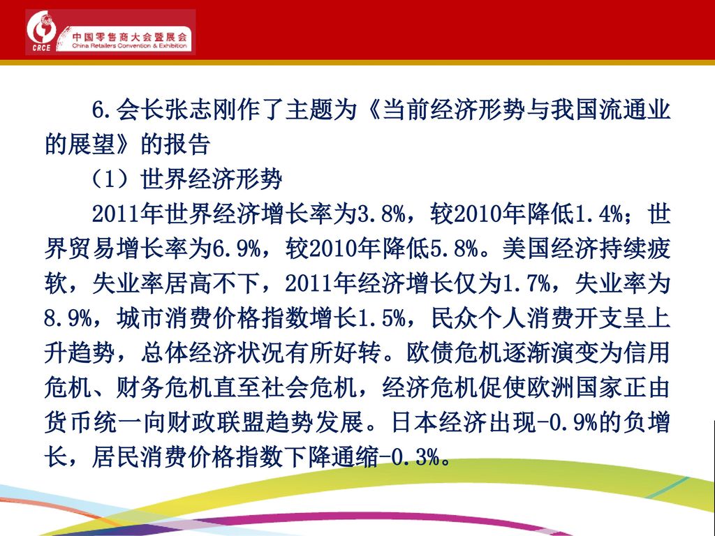 6.会长张志刚作了主题为《当前经济形势与我国流通业的展望》的报告