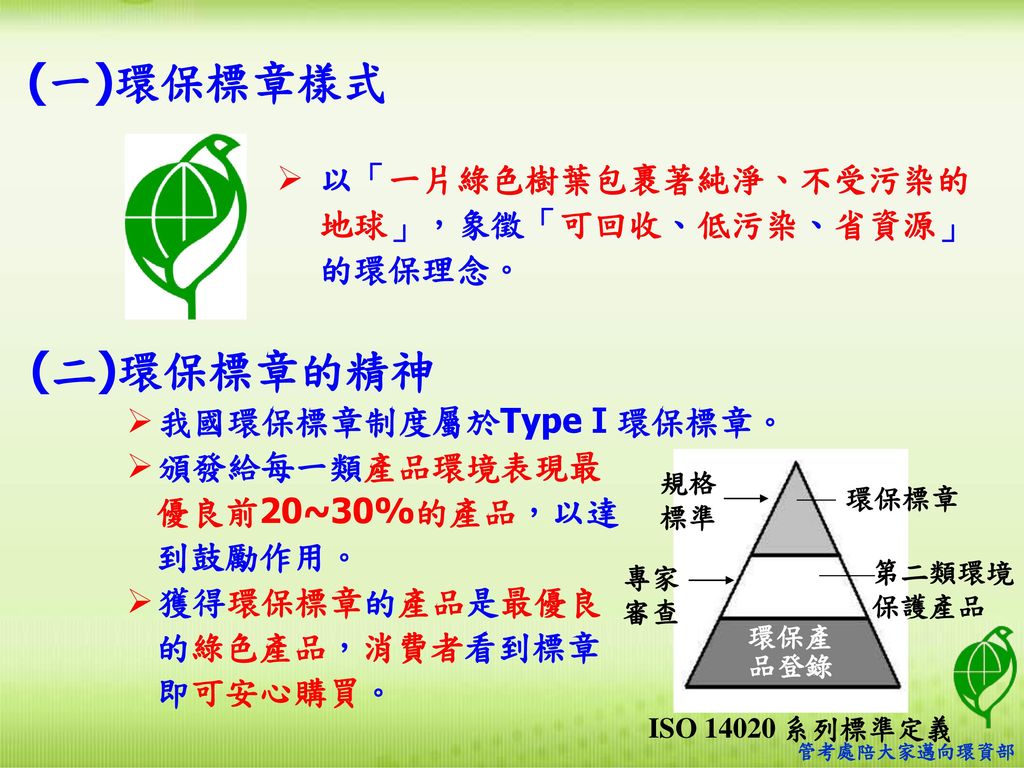 (一)環保標章樣式 (二)環保標章的精神 以「一片綠色樹葉包裹著純淨、不受污染的地球」，象徵「可回收、低污染、省資源」的環保理念。