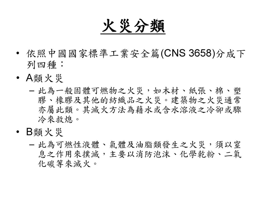 火災分類 依照中國國家標準工業安全篇(CNS 3658)分成下列四種： A類火災 B類火災