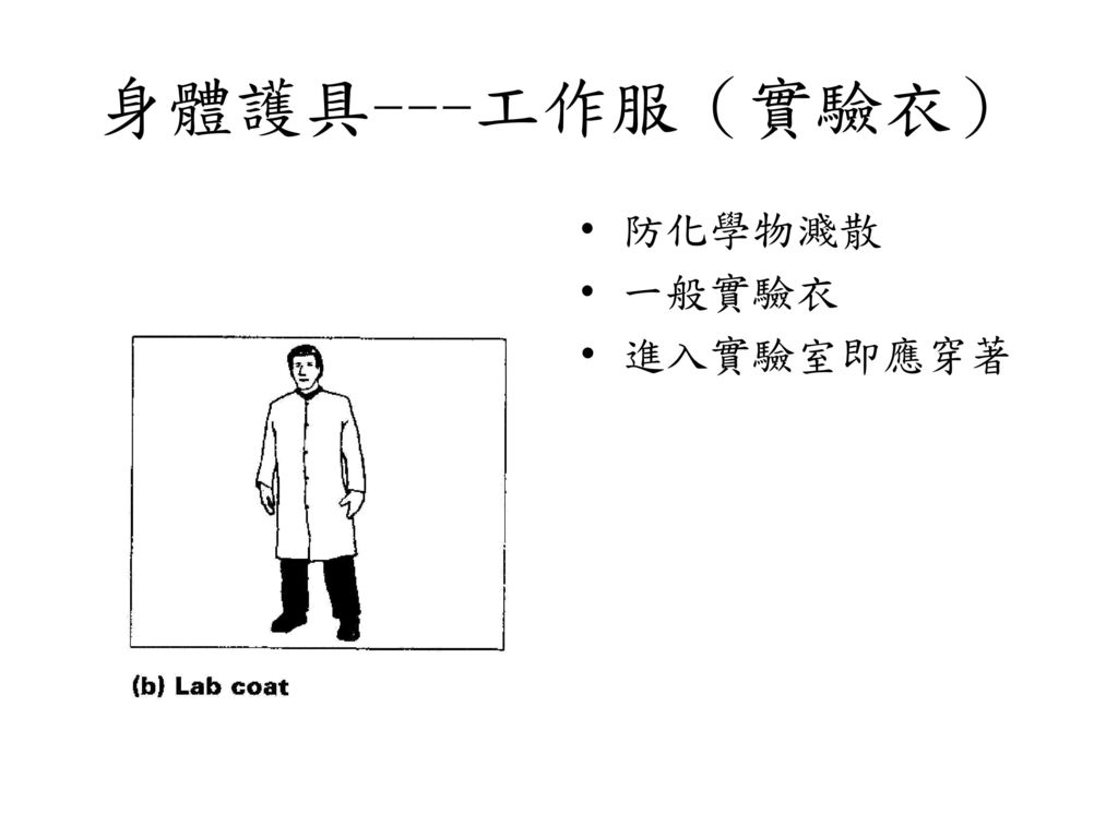 身體護具---工作服（實驗衣） 防化學物濺散 一般實驗衣 進入實驗室即應穿著