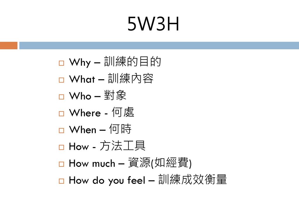 5W3H Why – 訓練的目的 What – 訓練內容 Who – 對象 Where - 何處 When – 何時 How - 方法工具