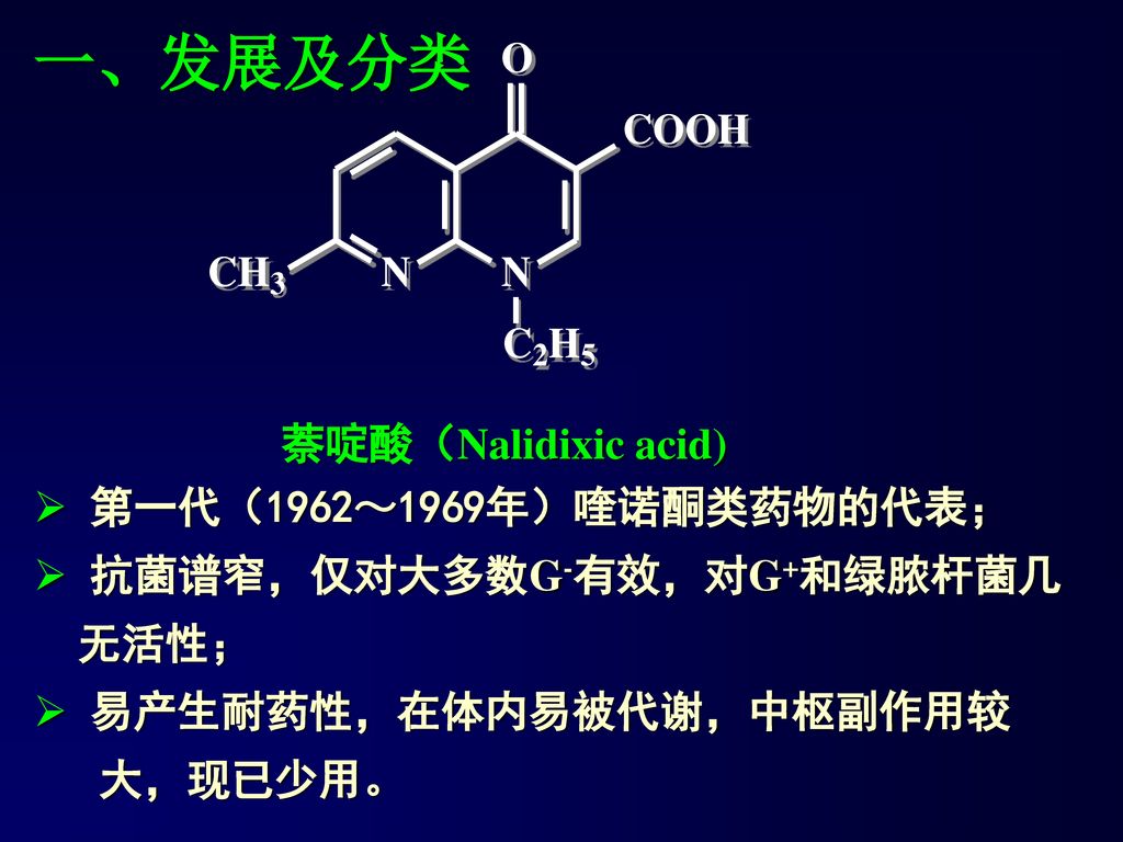 一、发展及分类 萘啶酸（Nalidixic acid) 第一代（1962～1969年）喹诺酮类药物的代表；