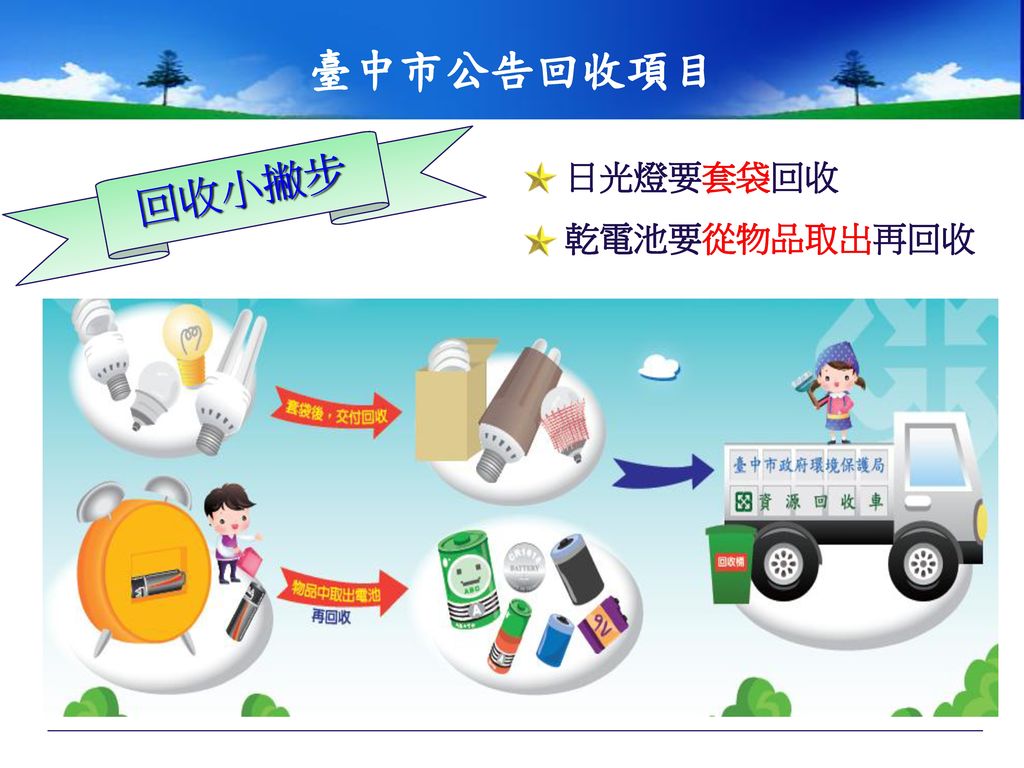 臺中市公告回收項目 日光燈要套袋回收 乾電池要從物品取出再回收 回收小撇步