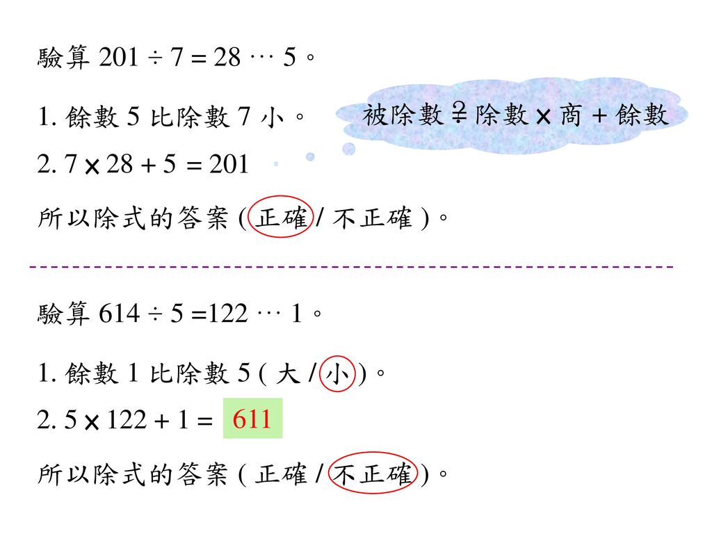驗算 201 ÷ 7 = 28 ··· 5。 被除數 = 除數 × 商 + 餘數. ？ 1. 餘數 5 比除數 7 小。 2. 7 × = 201. 所以除式的答案 ( 正確 / 不正確 )。