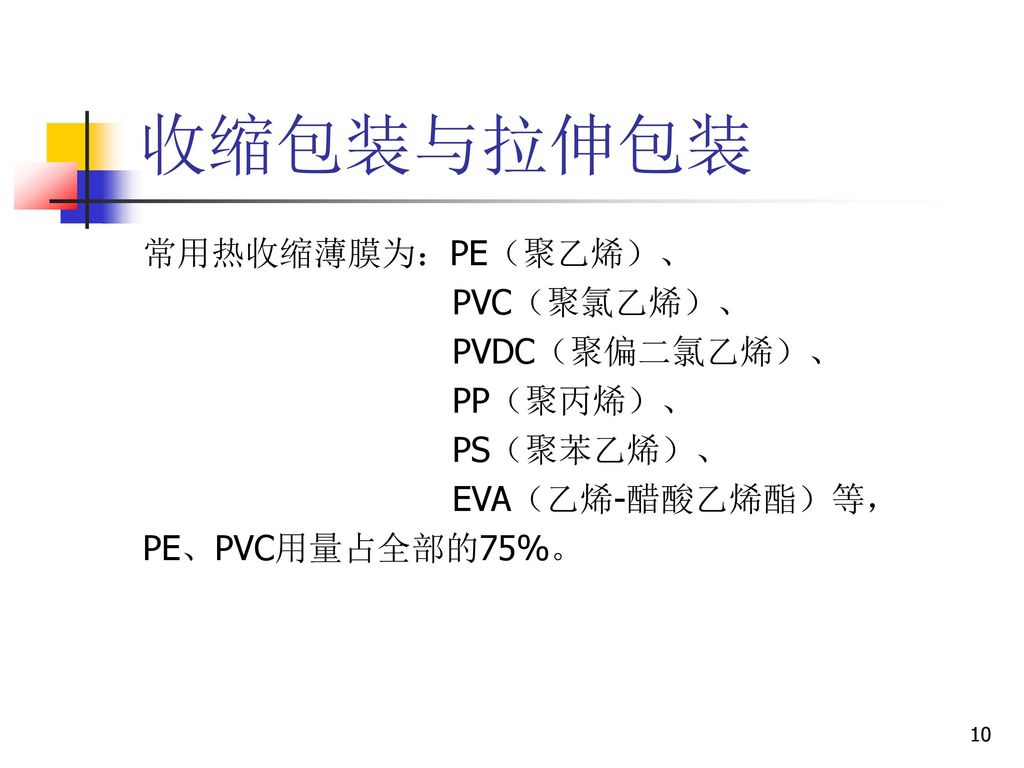 收缩包装与拉伸包装 常用热收缩薄膜为：PE（聚乙烯）、 PVC（聚氯乙烯）、 PVDC（聚偏二氯乙烯）、 PP（聚丙烯）、 PS（聚苯乙烯）、 EVA（乙烯-醋酸乙烯酯）等， PE、PVC用量占全部的75%。
