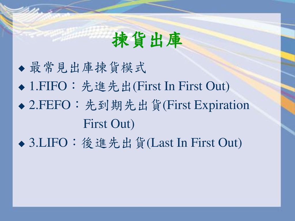 揀貨出庫 最常見出庫揀貨模式 1.FIFO：先進先出(First In First Out)