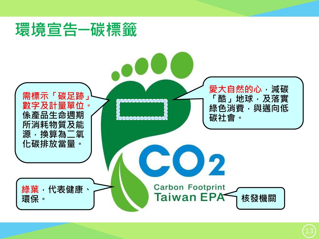 環境宣告─碳標籤 愛大自然的心，減碳「酷」地球，及落實綠色消費，與邁向低碳社會。