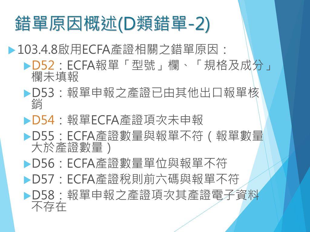 錯單原因概述(D類錯單-2) 啟用ECFA產證相關之錯單原因： D52：ECFA報單「型號」欄、「規格及成分」 欄未填報