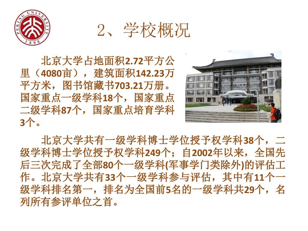 2、学校概况 北京大学占地面积2.72平方公里（4080亩），建筑面积142.23万平方米，图书馆藏书703.21万册。国家重点一级学科18个，国家重点二级学科87个，国家重点培育学科3个。