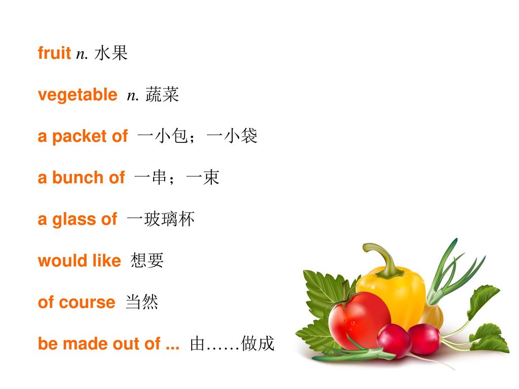 fruit n. 水果 vegetable n. 蔬菜. a packet of 一小包；一小袋. a bunch of 一串；一束. a glass of 一玻璃杯. would like 想要.