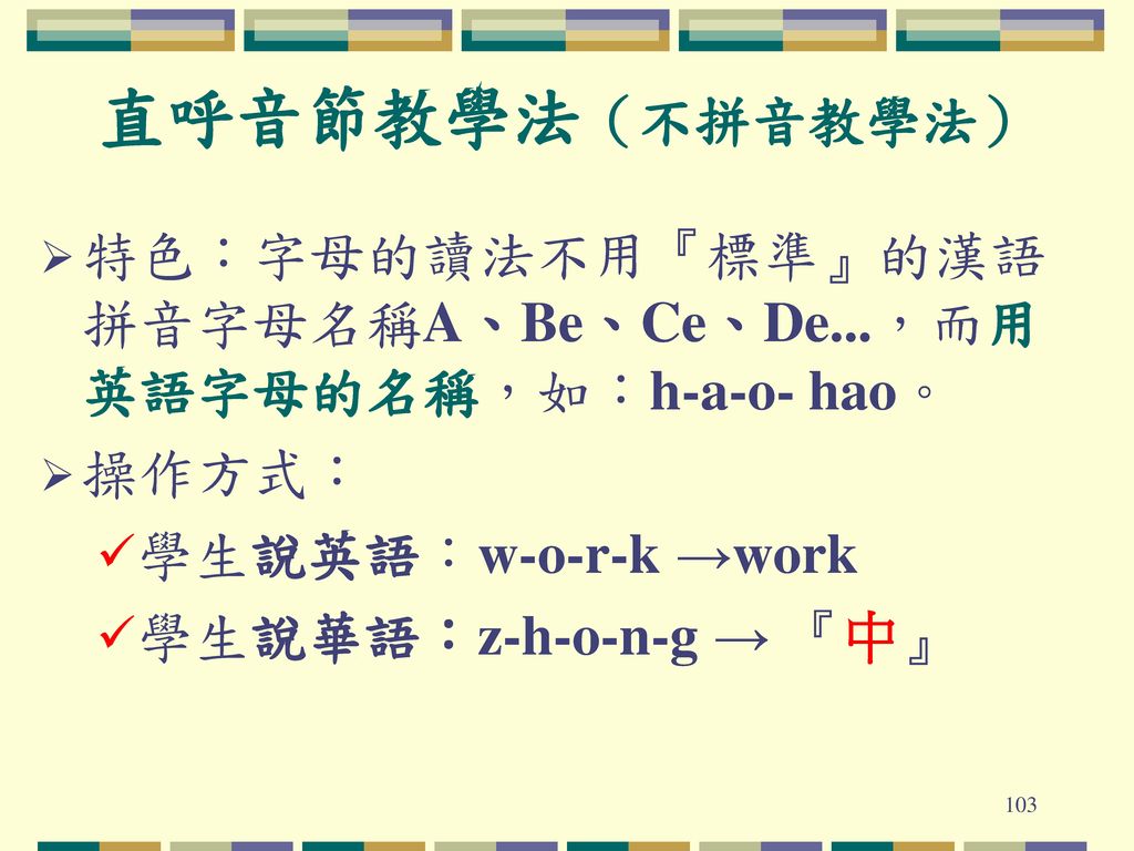 直呼音節教學法（不拼音教學法） 特色：字母的讀法不用『標準』的漢語拼音字母名稱A、Be、Ce、De...，而用英語字母的名稱，如：h-a-o- hao。 操作方式： 學生說英語：w-o-r-k →work.