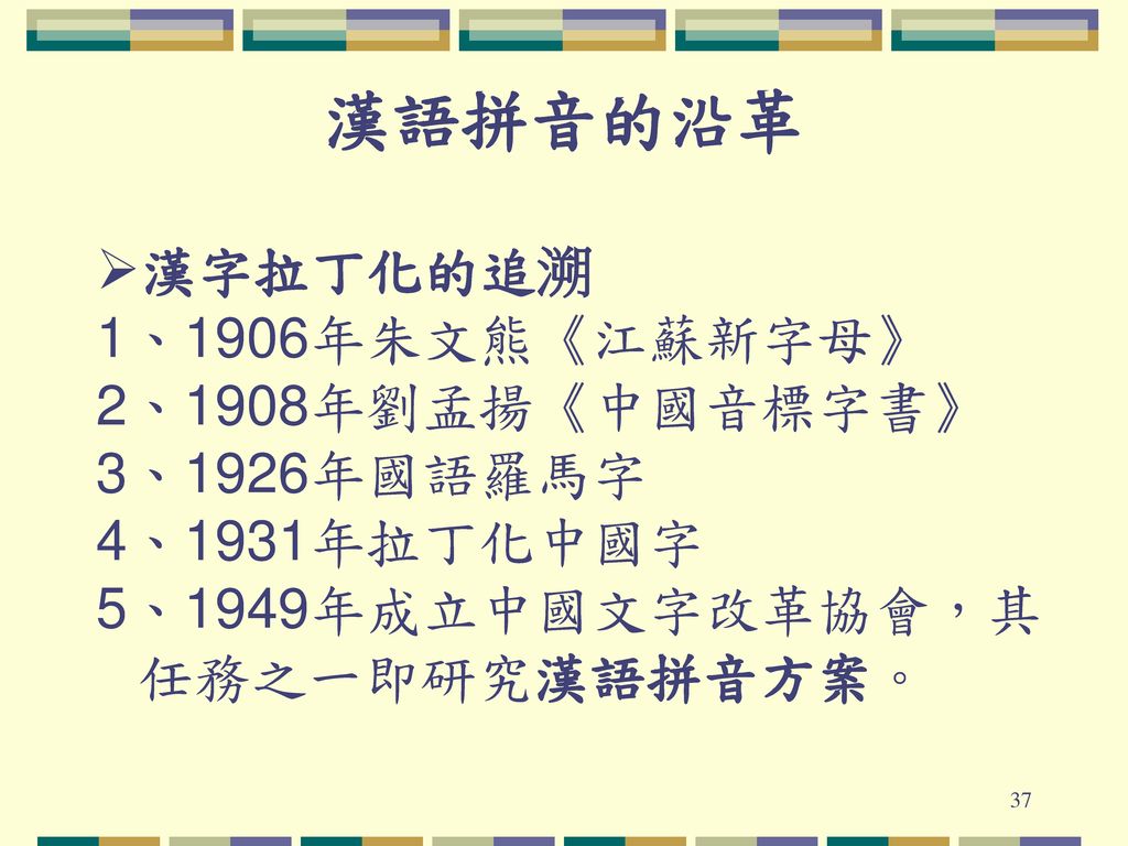 漢語拼音的沿革 漢字拉丁化的追溯 1、1906年朱文熊《江蘇新字母》 2、1908年劉孟揚《中國音標字書》 3、1926年國語羅馬字