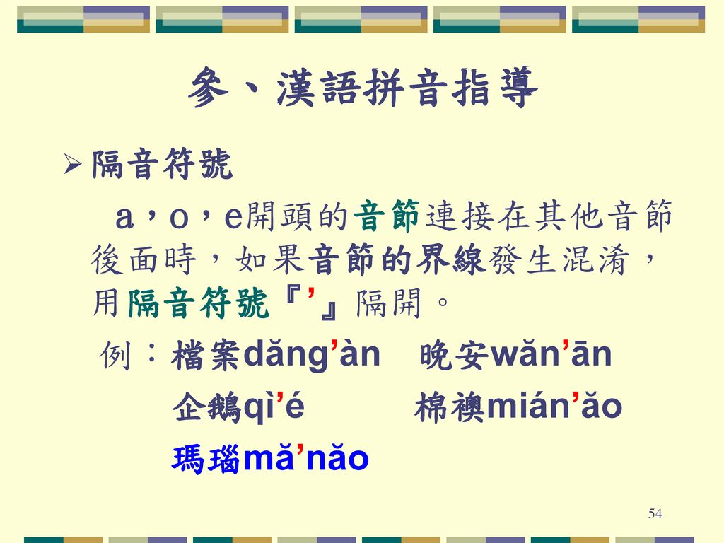 參、漢語拼音指導 隔音符號 a，o，e開頭的音節連接在其他音節後面時，如果音節的界線發生混淆，用隔音符號『’』隔開。