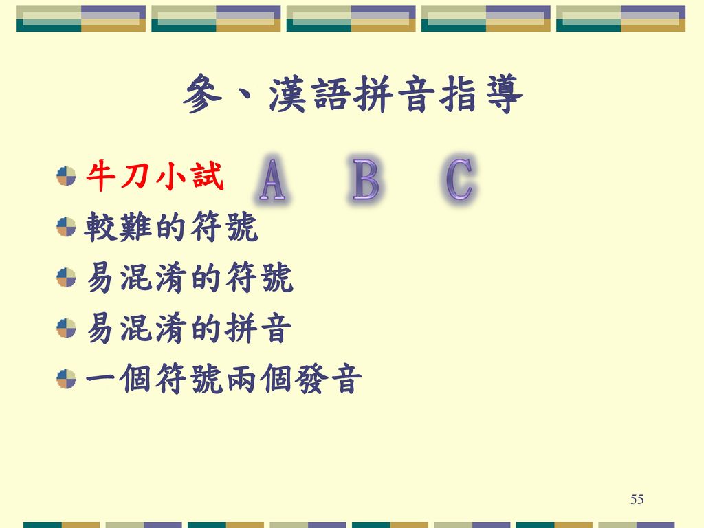 參、漢語拼音指導 A B C 牛刀小試 較難的符號 易混淆的符號 易混淆的拼音 一個符號兩個發音