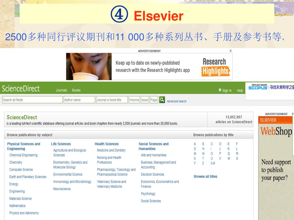 ④ Elsevier 2500多种同行评议期刊和11 000多种系列丛书、手册及参考书等，