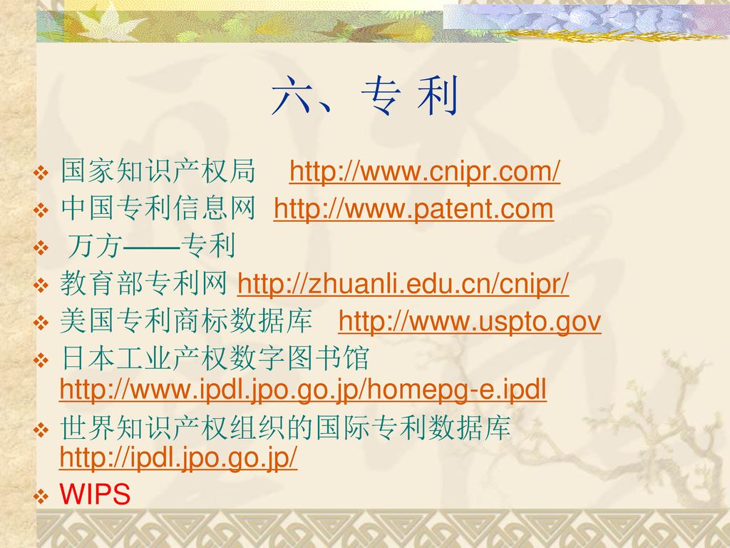 六、专 利 国家知识产权局   中国专利信息网