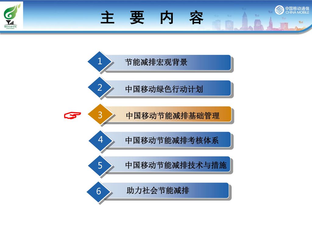  主 要 内 容 节能减排宏观背景 中国移动绿色行动计划 中国移动节能减排基础管理 中国移动节能减排考核体系