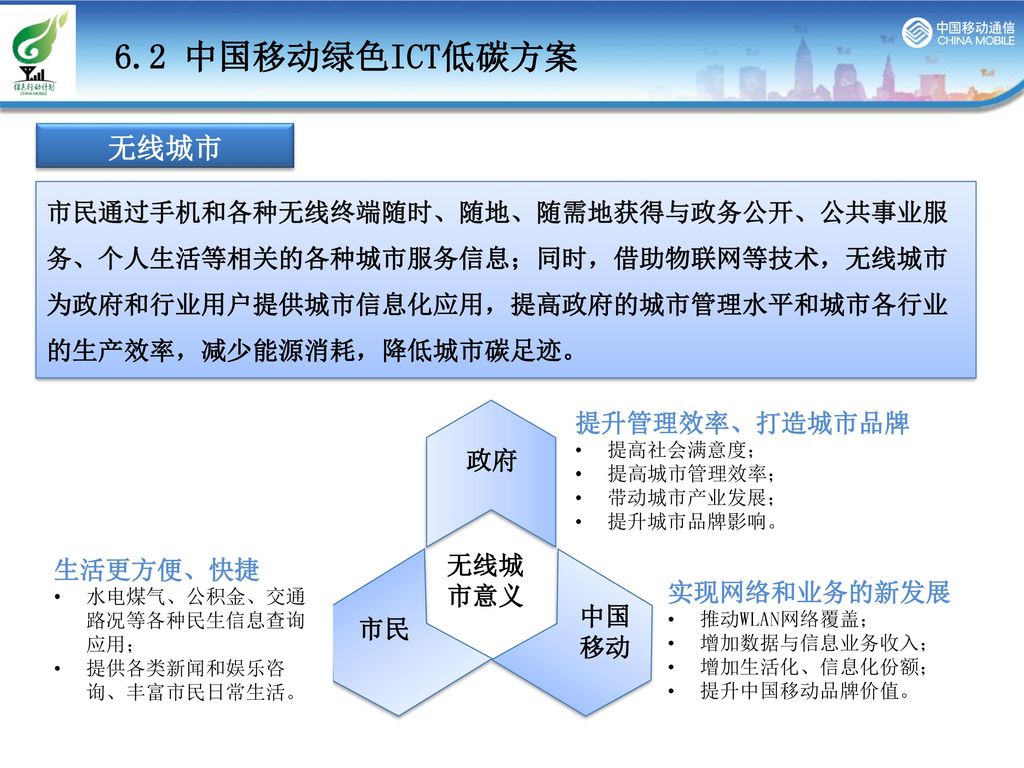6.2 中国移动绿色ICT低碳方案 无线城市.