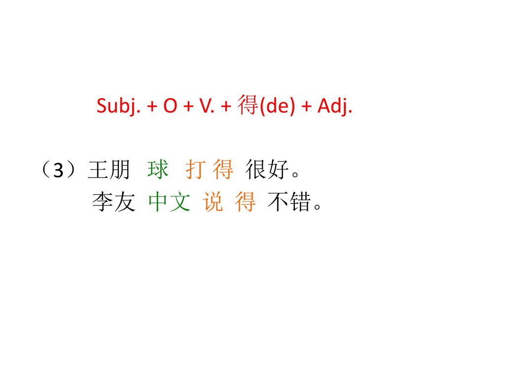 Subj. + O + V. + 得(de) + Adj. （3）王朋 球 打 得 很好。 李友 中文 说 得 不错。