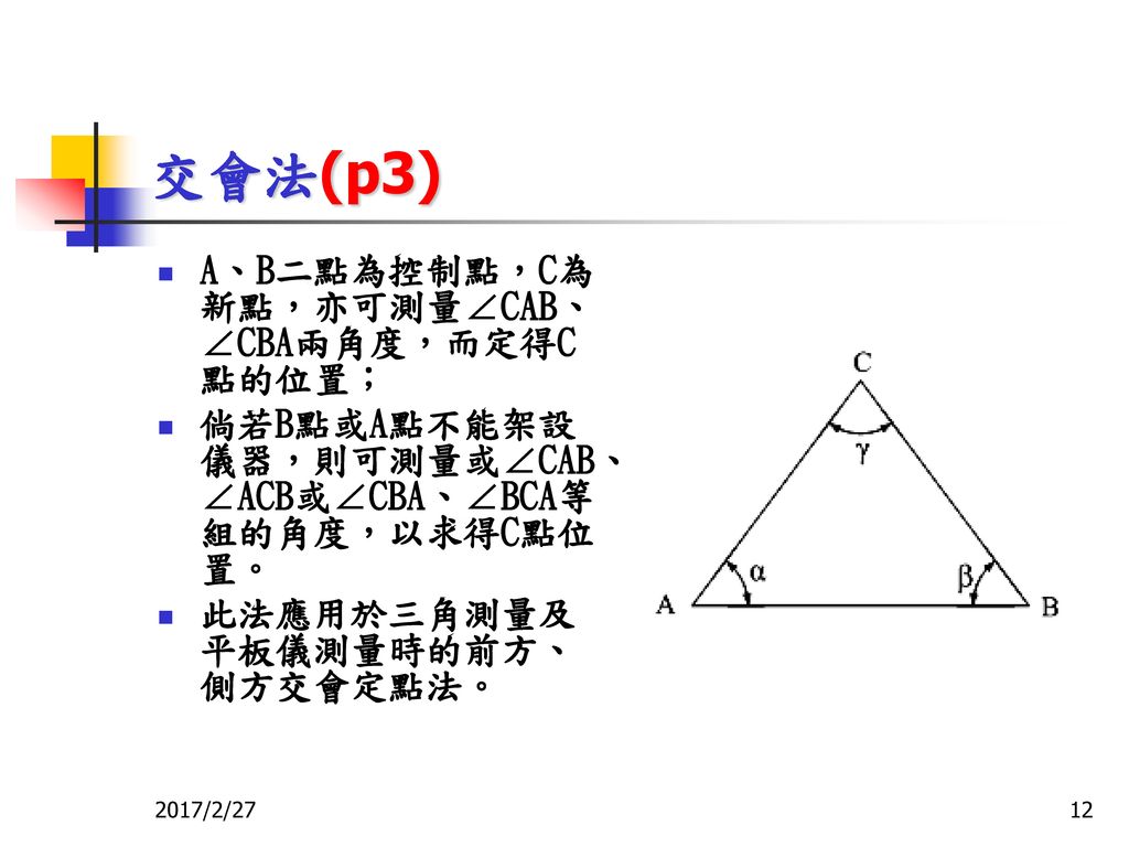 交會法(p3) A、B二點為控制點，C為新點，亦可測量∠CAB、∠CBA兩角度，而定得C點的位置；