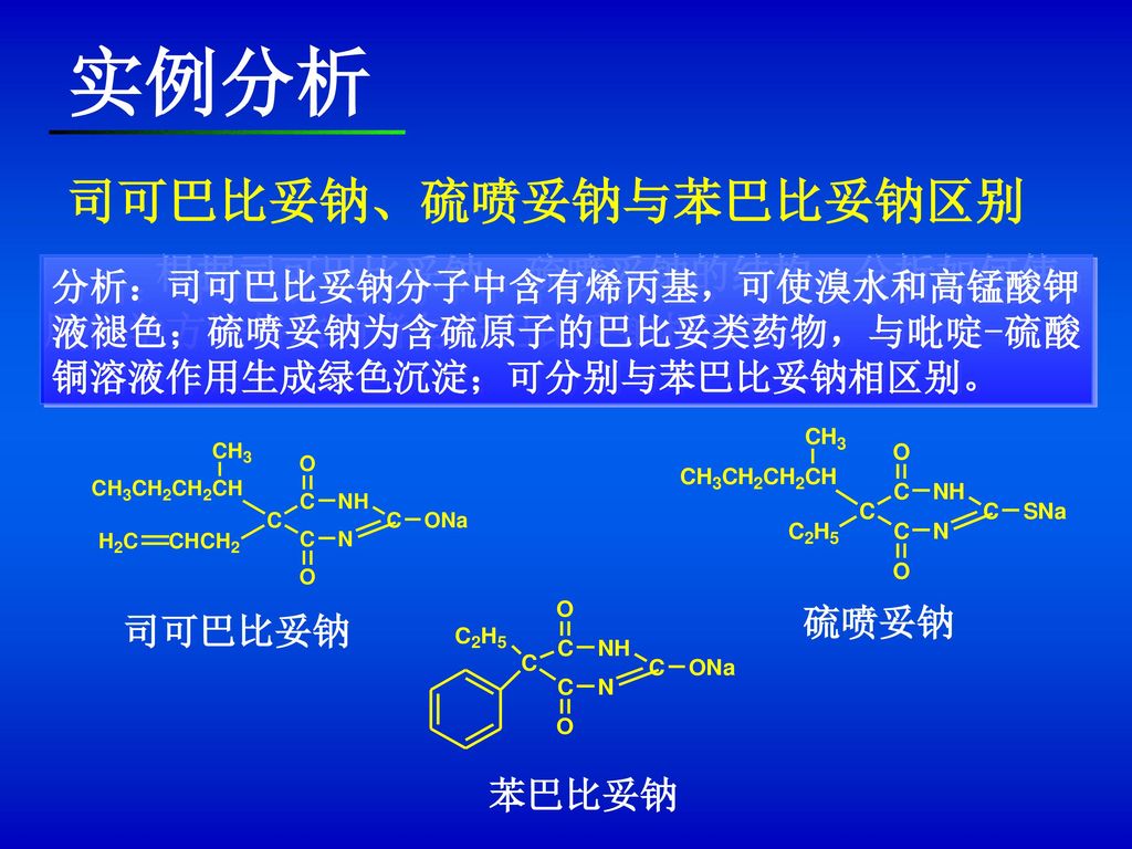 实例分析 司可巴比妥钠、硫喷妥钠与苯巴比妥钠区别 根据司可巴比妥钠、硫喷妥钠的结构，分析如何使用化学方法将这两者与苯巴比妥钠相区别。
